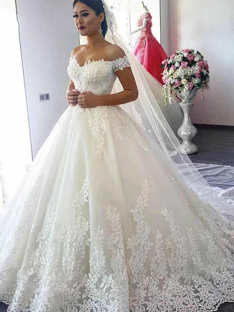 Long Ball Gown Off-the-Shoulder Tulle Lace Beads Wedding Dresses by BIZTUNNEL