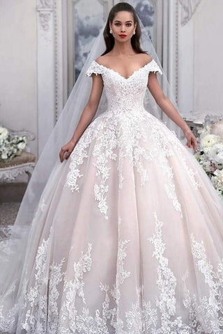 Long Ball Gown Off the Shoulder Tulle Wedding Dress with Appliques Lace