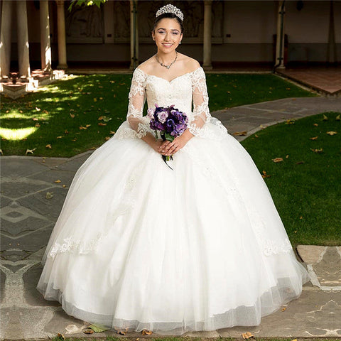 Long Ball Gown Off the Shoulder Tulle White Quinceanera Dress with Sleeves