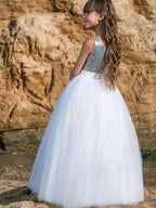 Long Ball Gown Polyester Sleeveless Jewel Neck Wedding Party Flower Girl Dresses - photo 2