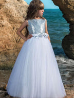 Long Ball Gown Polyester Sleeveless Jewel Neck Wedding Party Flower Girl Dresses - photo 1