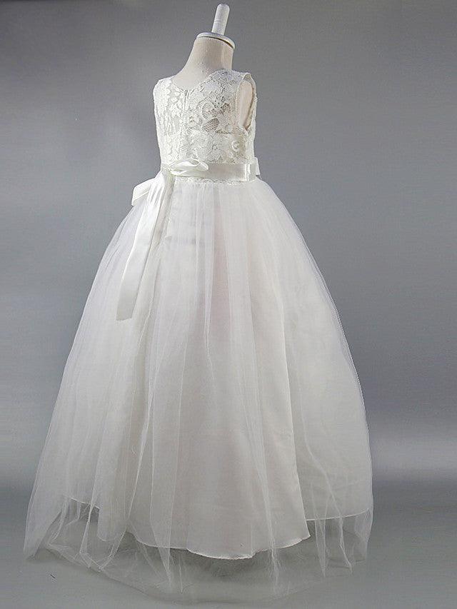 Long Ball Gown Satin Jewel Neck Wedding First Communion Pageant Flower Girl Dresses