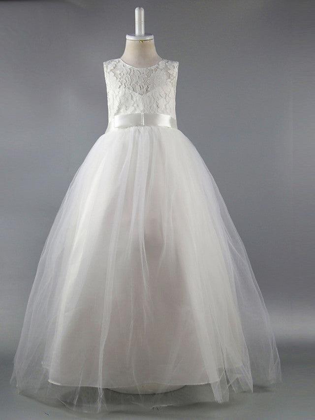 Long Ball Gown Satin Jewel Neck Wedding First Communion Pageant Flower Girl D… - photo 1