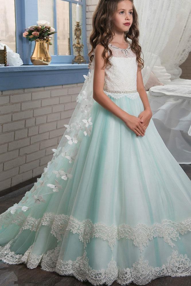 Long Ball Gown Scoop Neck Sleeveless Lace Flower Girl Dresses - photo 1