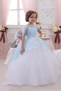 Long Ball Gown Scoop Neck Tulle Lace Flower Girl Dresses with Sleeves - photo 1