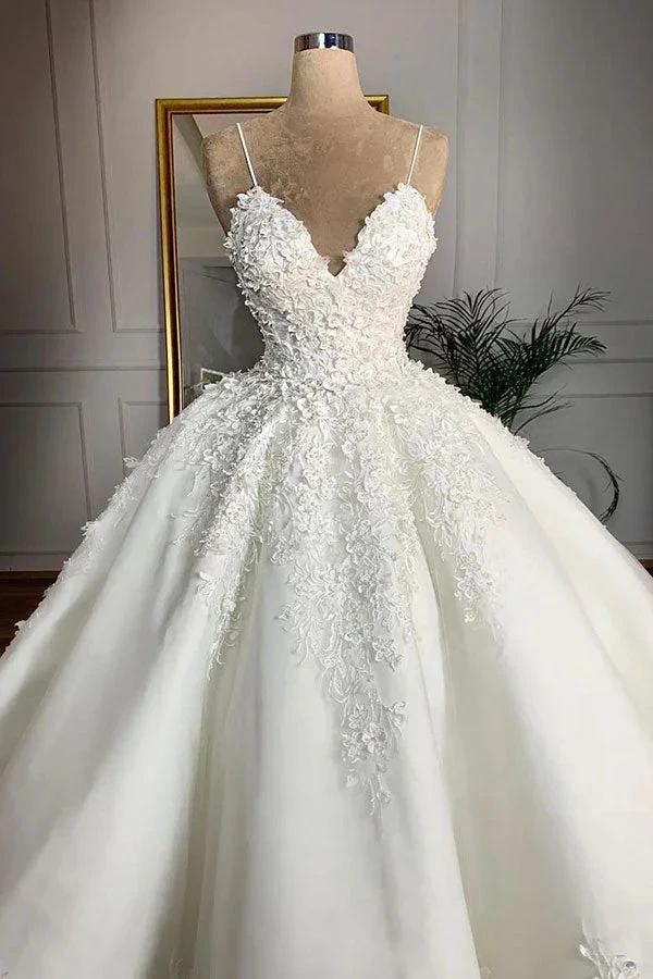 Long Ball Gown Spaghetti Strap Appliques Lace Satin Wedding Dress by BIZTUNNEL