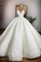Long Ball Gown Spaghetti Strap Appliques Lace Satin Wedding Dress by BIZTUNNEL