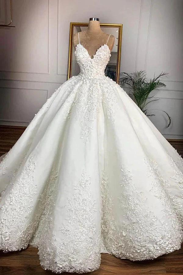 Long Ball Gown Spaghetti Strap Appliques Lace Satin Wedding Dress by BIZTUNNEL