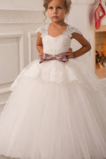 Long Ball Gown Square Neck Tulle Lace Flower Girl Dresses with Cap Sleeves - photo 1