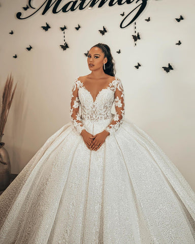 Long Ball Gown Sweetheart Appliques Lace Sequins Ruffles Wedding Dress with Sleeves