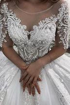 Long Ball Gown Sweetheart Appliques Lace Tulle Wedding Dress with Sleeves by BIZTUNNEL