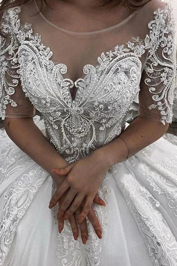 Long Ball Gown Sweetheart Appliques Lace Tulle Wedding Dress with Sleeves by BIZTUNNEL