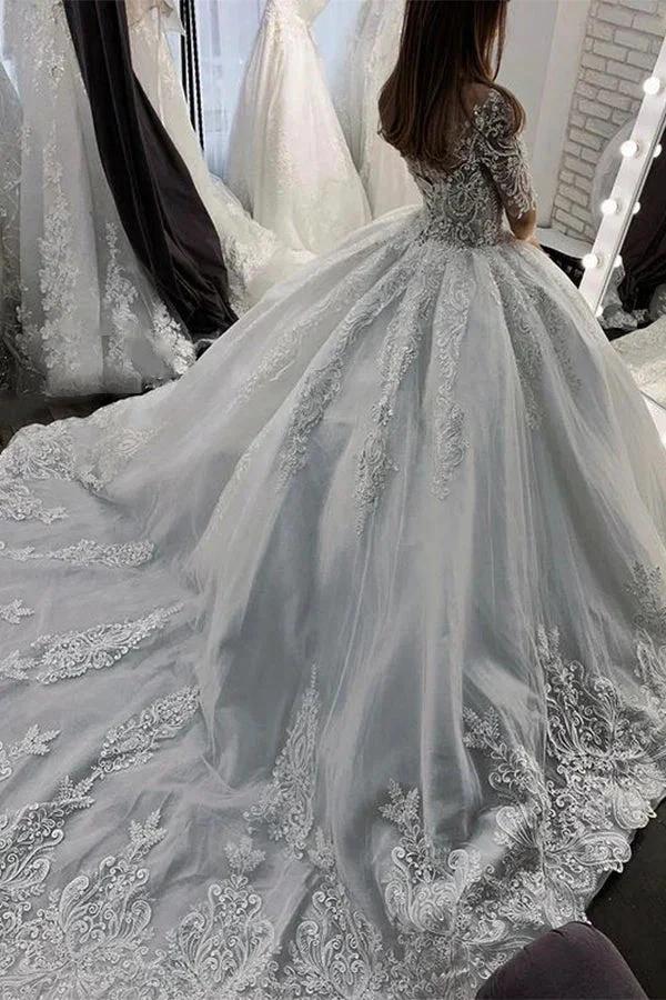 Long Ball Gown Sweetheart Appliques Lace Tulle Wedding Dress with Sleeves by BIZTUNNEL