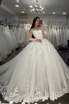 Long Ball Gown Sweetheart Appliques Lace Tulle Wedding Dress with Sleeves by BIZTUNNEL
