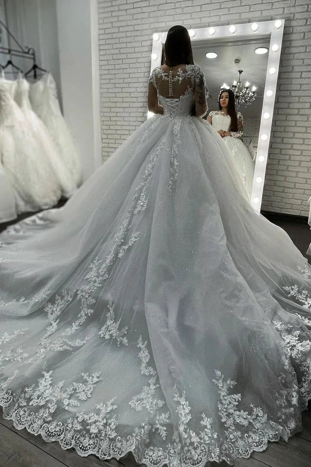 Long Ball Gown Sweetheart Appliques Lace Tulle Wedding Dress with Sleeves by BIZTUNNEL