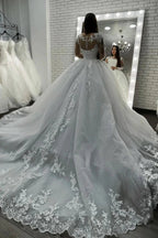 Long Ball Gown Sweetheart Appliques Lace Tulle Wedding Dress with Sleeves by BIZTUNNEL