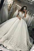 Long Ball Gown Sweetheart Appliques Lace Tulle Wedding Dress with Sleeves by BIZTUNNEL