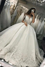 Long Ball Gown Sweetheart Appliques Lace Tulle Wedding Dress with Sleeves by BIZTUNNEL