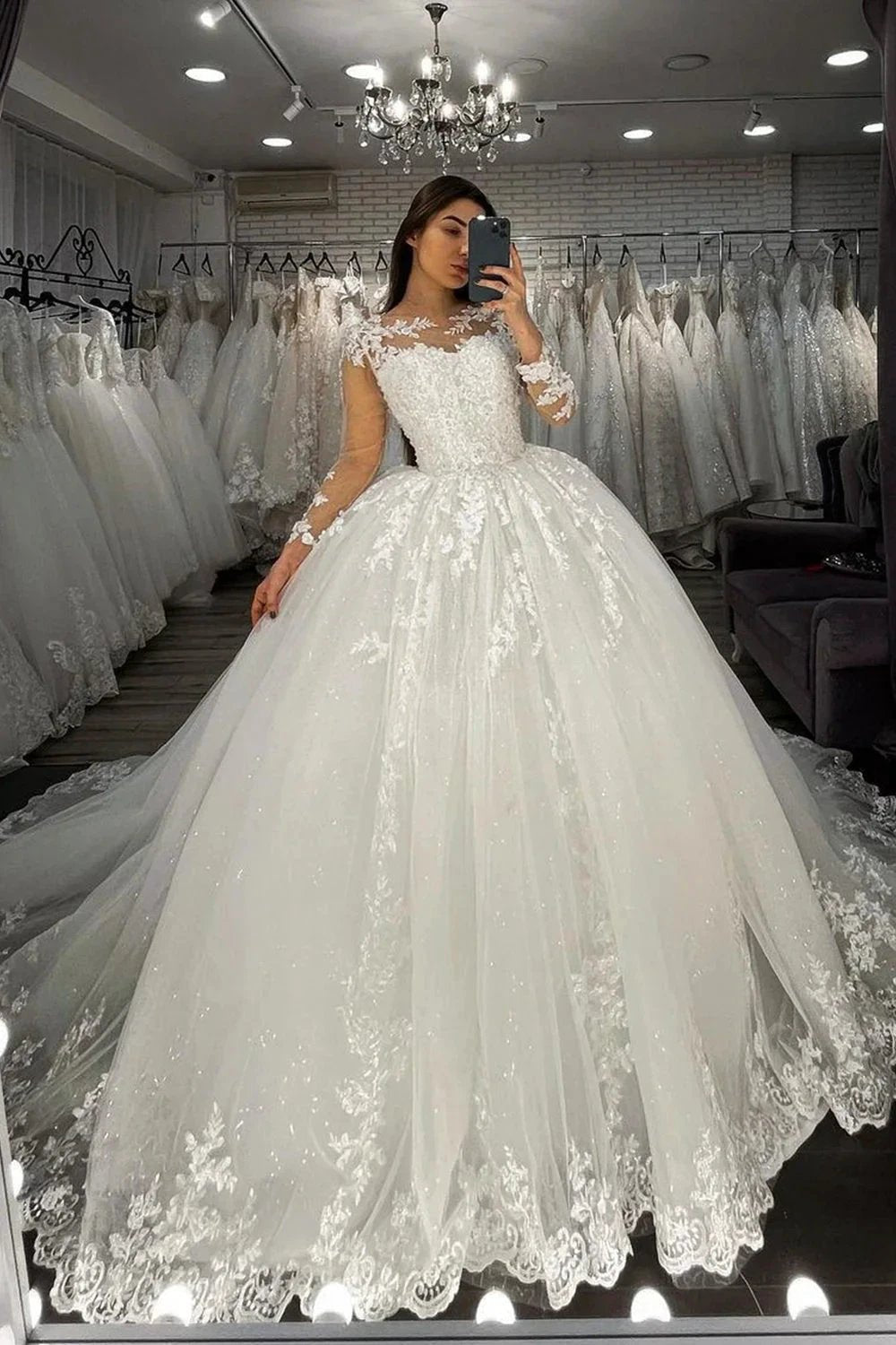 Long Ball Gown Sweetheart Appliques Lace Tulle Wedding Dress with Sleeves by BIZTUNNEL