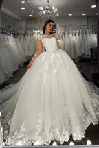 Long Ball Gown Sweetheart Appliques Lace Tulle Wedding Dress with Sleeves by BIZTUNNEL