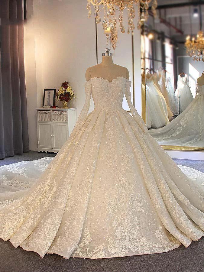 Long Ball Gown Sweetheart Lace Beading Wedding Dresses with Sleeves by BIZTUNNEL