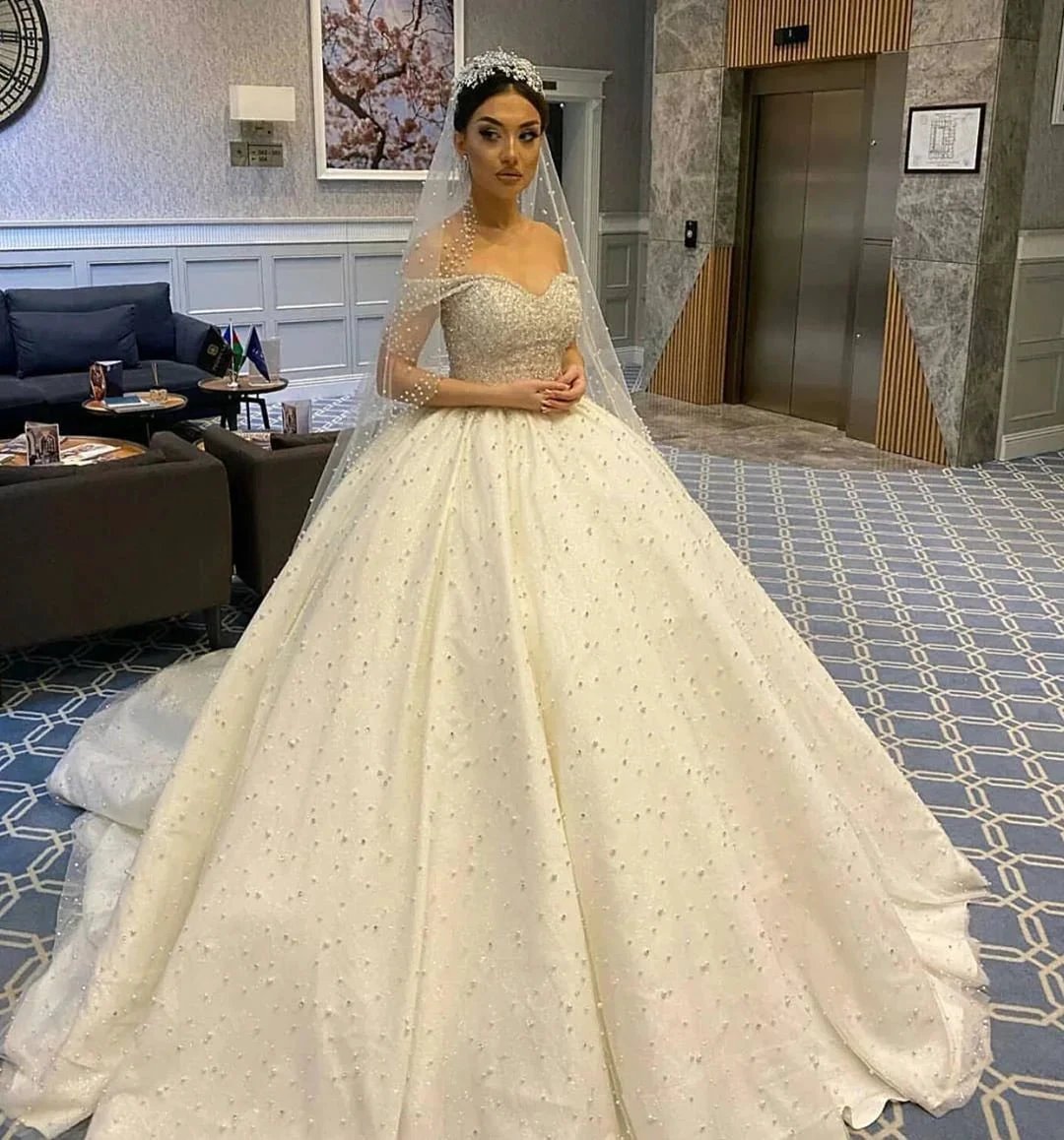 Long Ball Gown Sweetheart Off-the-Shoulder Backless Pearl Beading Ruffles Tulle Wedding Dress by BIZTUNNEL