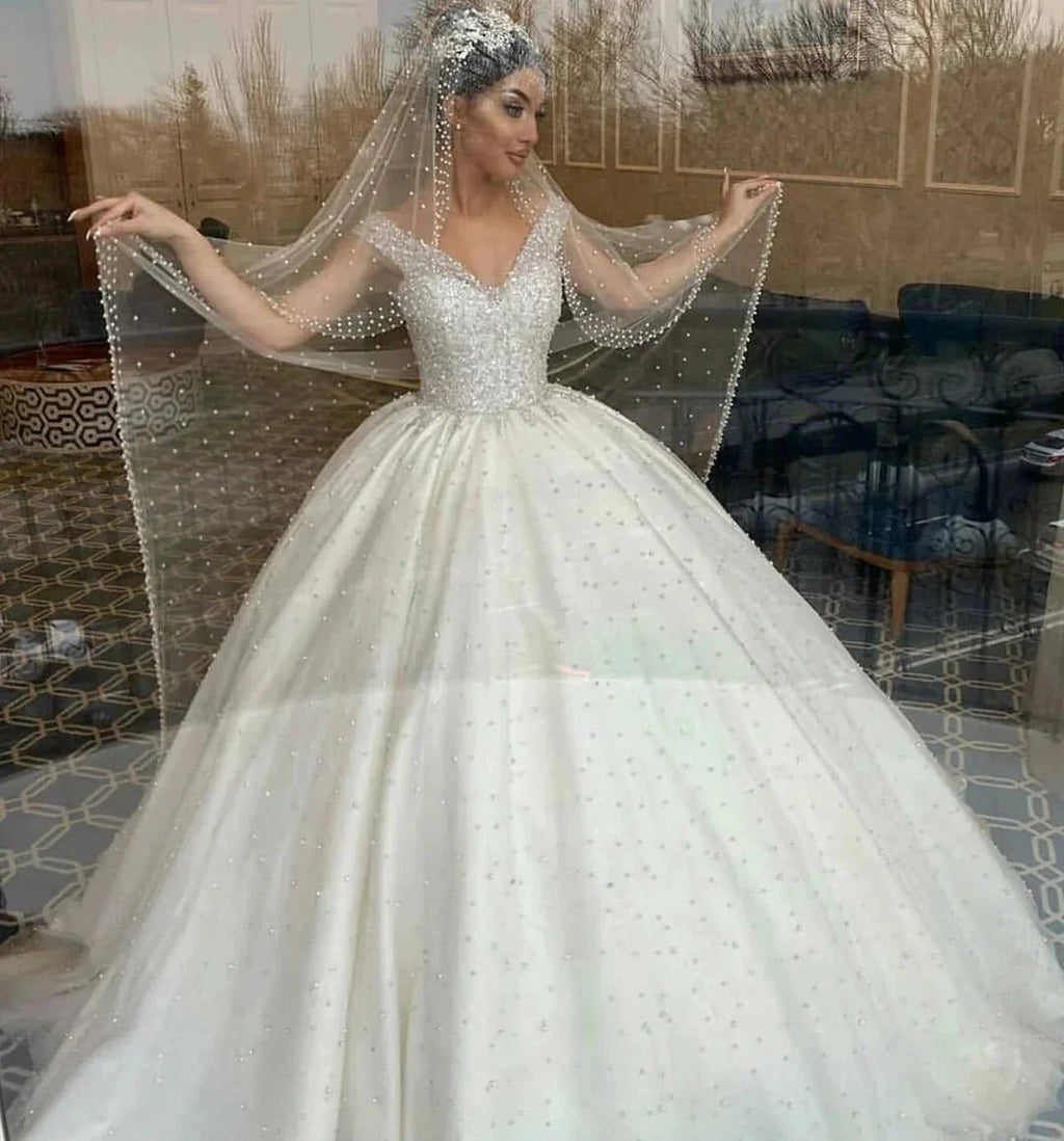 Long Ball Gown Sweetheart Off-the-Shoulder Backless Pearl Beading Ruffles Tulle Wedding Dress by BIZTUNNEL
