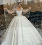 Long Ball Gown Sweetheart Off-the-Shoulder Backless Pearl Beading Ruffles Tulle Wedding Dress by BIZTUNNEL