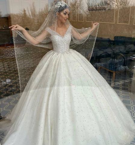Long Ball Gown Sweetheart Off-the-Shoulder Backless Pearl Beading Ruffles Tulle Wedding Dress
