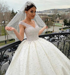 Long Ball Gown Sweetheart Off-the-Shoulder Backless Pearl Beading Ruffles Tulle Wedding Dress by BIZTUNNEL