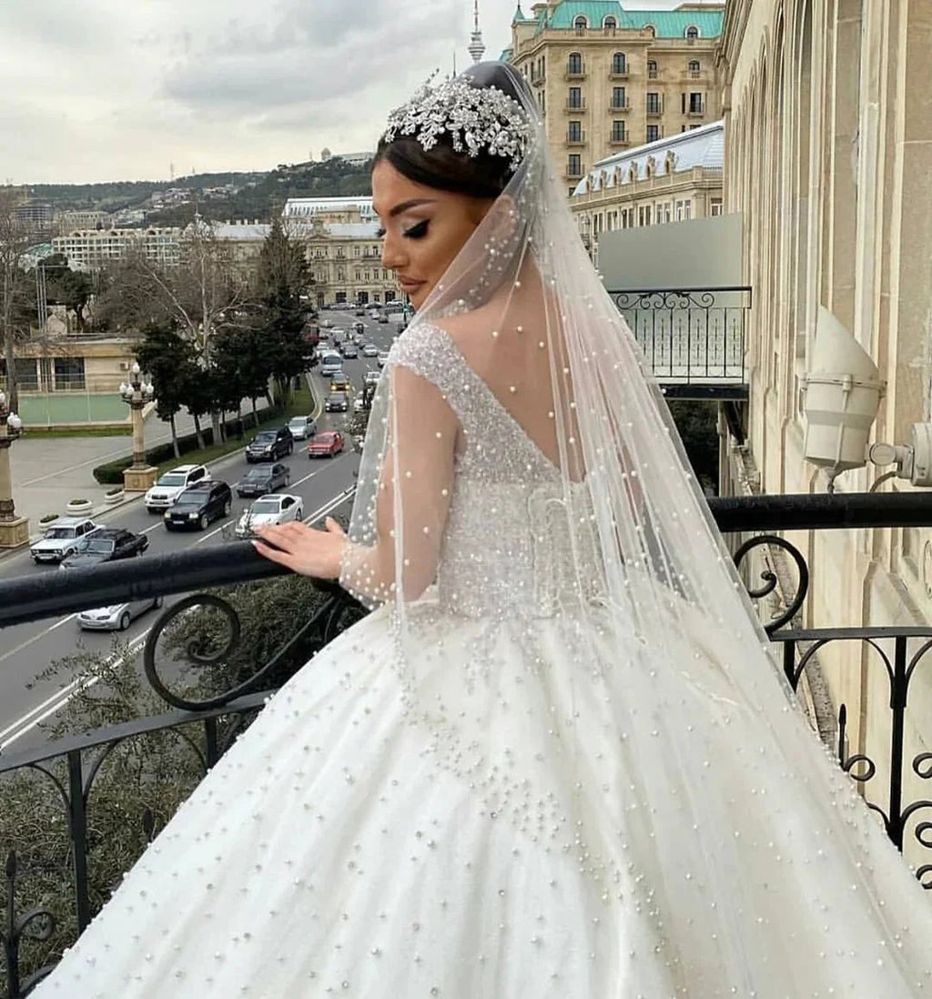 Long Ball Gown Sweetheart Off-the-Shoulder Backless Pearl Beading Ruffles Tulle Wedding Dress by BIZTUNNEL