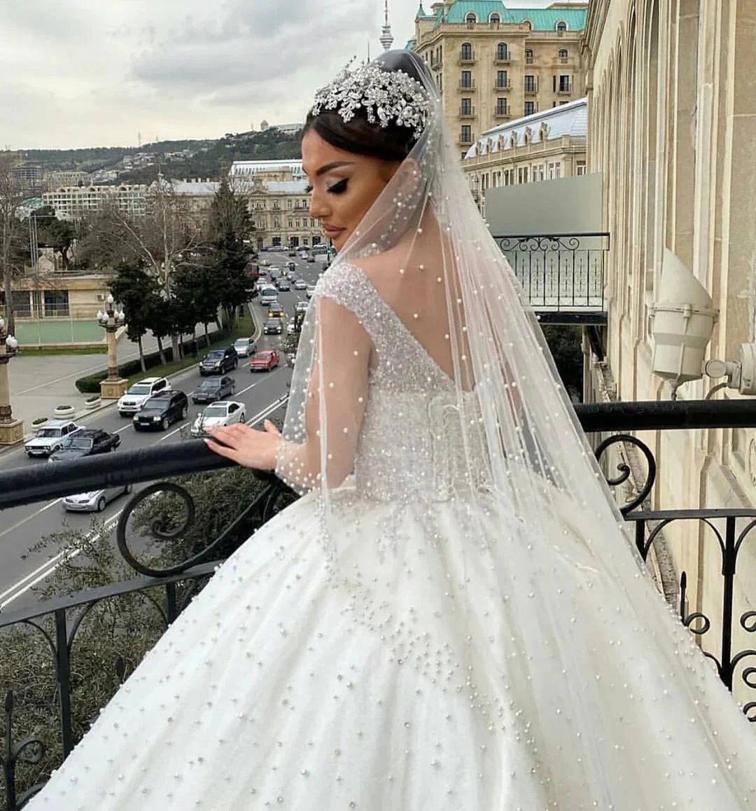 Long Ball Gown Sweetheart Off-the-Shoulder Backless Pearl Beading Ruffles Tulle Wedding Dress by BIZTUNNEL
