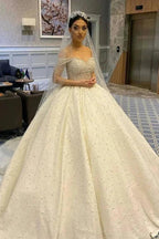 Long Ball Gown Sweetheart Off-the-Shoulder Backless Pearl Beading Ruffles Tulle Wedding Dress by BIZTUNNEL