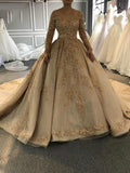 Long Ball Gown Sweetheart Satin Lace Wedding Dresses with Sleeves by BIZTUNNEL