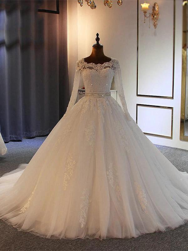 Long Ball Gown Sweetheart Tulle Lace Wedding Dresses with Sleeves by BIZTUNNEL