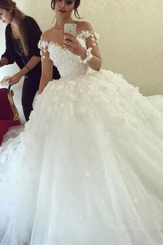 Long Ball Gown Sweetheart Tulle Wedding Dress with Sleeves