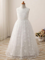 Long Ball Gown Tulle Cotton Jewel Neck First Communion Birthday Flower Girl D… - photo 3