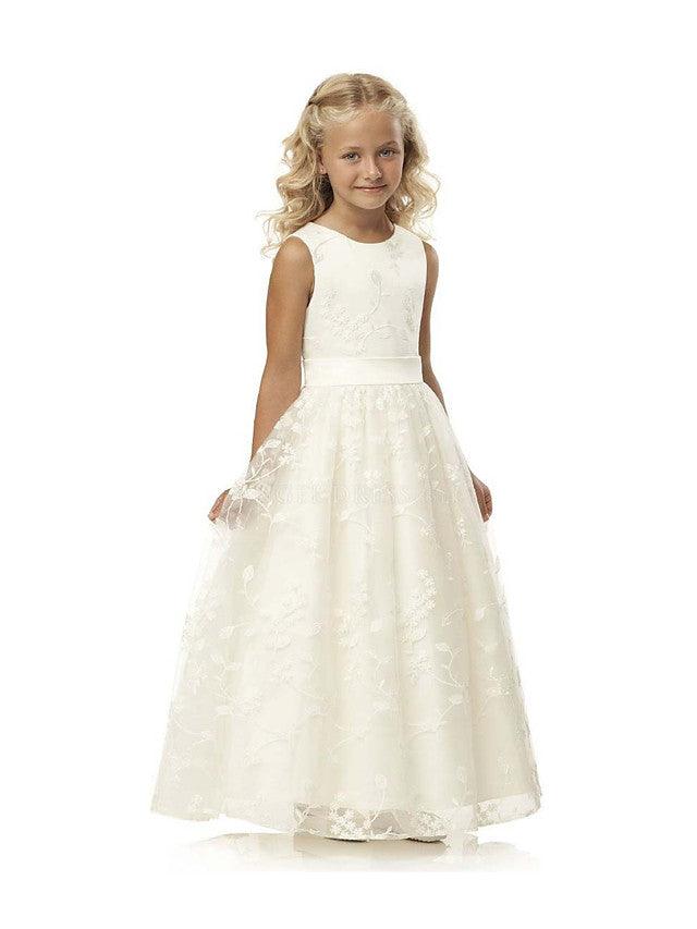 Long Ball Gown Tulle Cotton Jewel Neck First Communion Birthday Flower Girl D… - photo 1