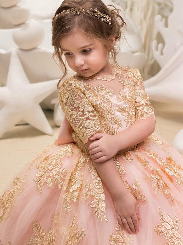 Long Ball Gown Tulle Half Sleeve Jewel Neck Wedding Party Flower Girl Dresses - photo 2