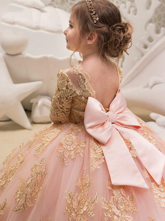 Long Ball Gown Tulle Half Sleeve Jewel Neck Wedding Party Flower Girl Dresses - photo 3
