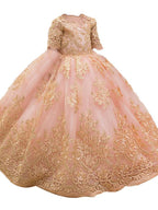 Long Ball Gown Tulle Half Sleeve Jewel Neck Wedding Party Flower Girl Dresses - photo 4