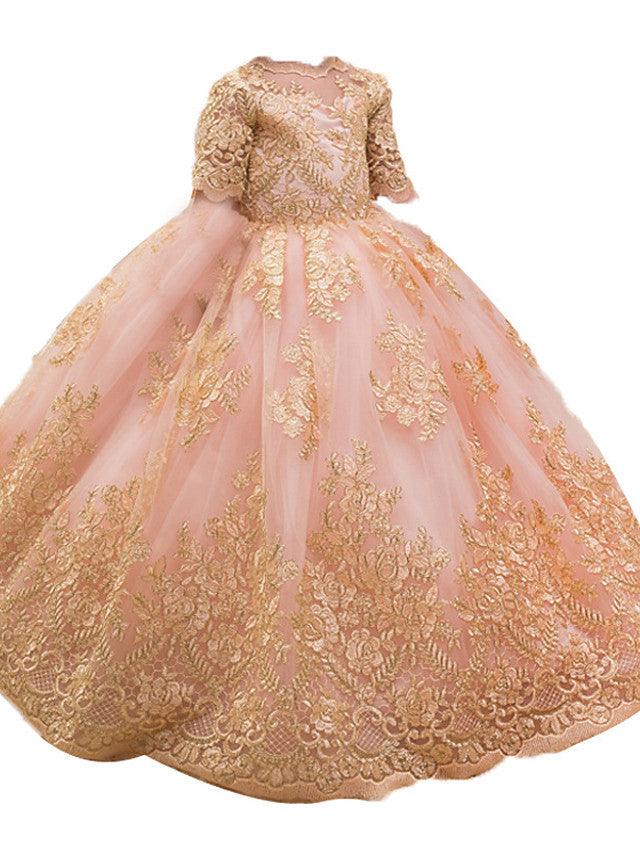 Long Ball Gown Tulle Half Sleeve Jewel Neck Wedding Party Flower Girl Dresses - photo 4