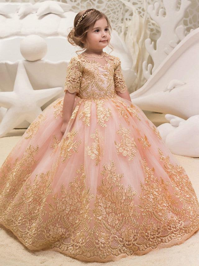 Long Ball Gown Tulle Half Sleeve Jewel Neck Wedding Party Flower Girl Dresses - photo 1