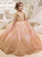 Long Ball Gown Tulle Half Sleeve Jewel Neck Wedding Party Flower Girl Dresses - photo 1