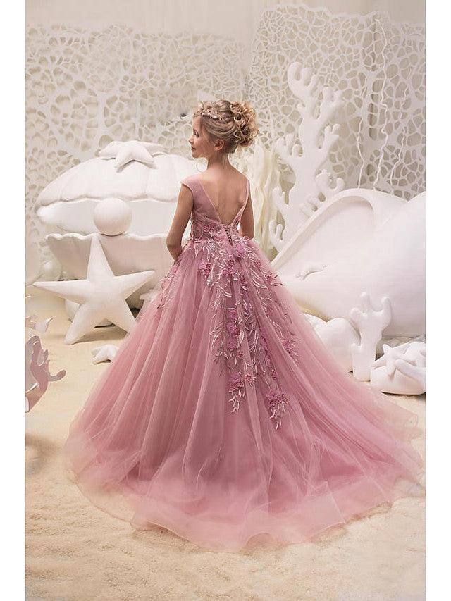 Long Ball Gown Tulle Jewel Neck Sweep Brush Train Wedding Party Flower Girl D… - photo 2