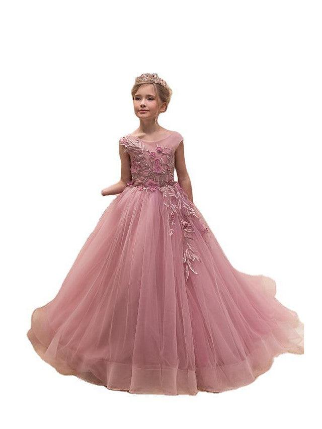 Long Ball Gown Tulle Jewel Neck Sweep Brush Train Wedding Party Flower Girl D… - photo 3