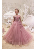 Long Ball Gown Tulle Jewel Neck Sweep Brush Train Wedding Party Flower Girl D… - photo 1