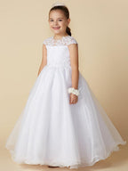 Long Ball Gown Tulle Jewel Neck Wedding First Communion Flower Girl Dresses w… - photo 1