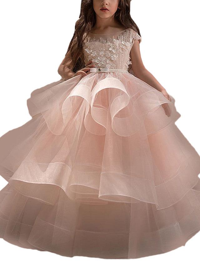 Long Ball Gown Tulle Lace Pageant Flower Girl Dresses with Sleeves - photo 3