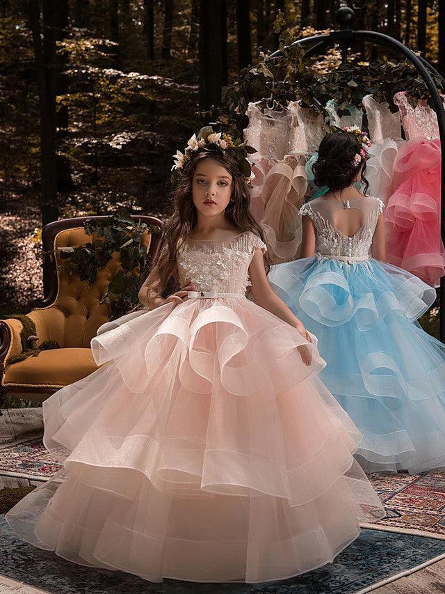 Long Ball Gown Tulle Lace Pageant Flower Girl Dresses with Sleeves - photo 1